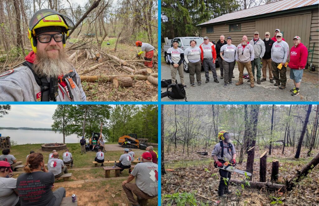 MOTOR Content Analyst Matt Cleckner volunteering with Team Rubicon, including chainsaw disaster relief work, group training, and team coordination in wooded and outdoor settings.