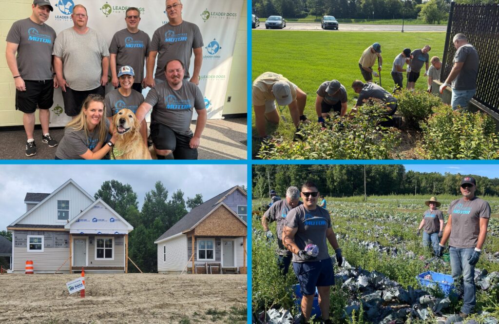MOTOR employees volunteering in the community, including supporting Leader Dogs for the Blind, gardening, helping build Habitat for Humanity homes, and harvesting produce for donation.