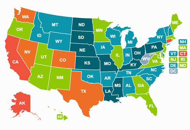 A map of the United States with each state color coded by its average labor rate.