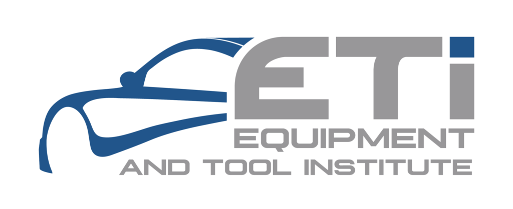 Equipment and Tool Institute (ETI) logo featuring a sleek blue car outline and bold gray lettering, representing innovation and collaboration in automotive tools and technology.