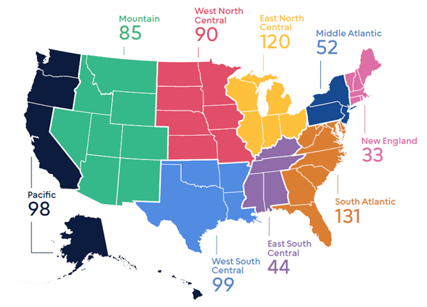 A color-coded map of the United States showing the locations of the respondents to the PartsTech survey.