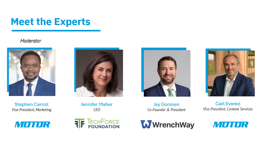 Slide showing panel of experts in MOTOR's Tech Shortage webinar